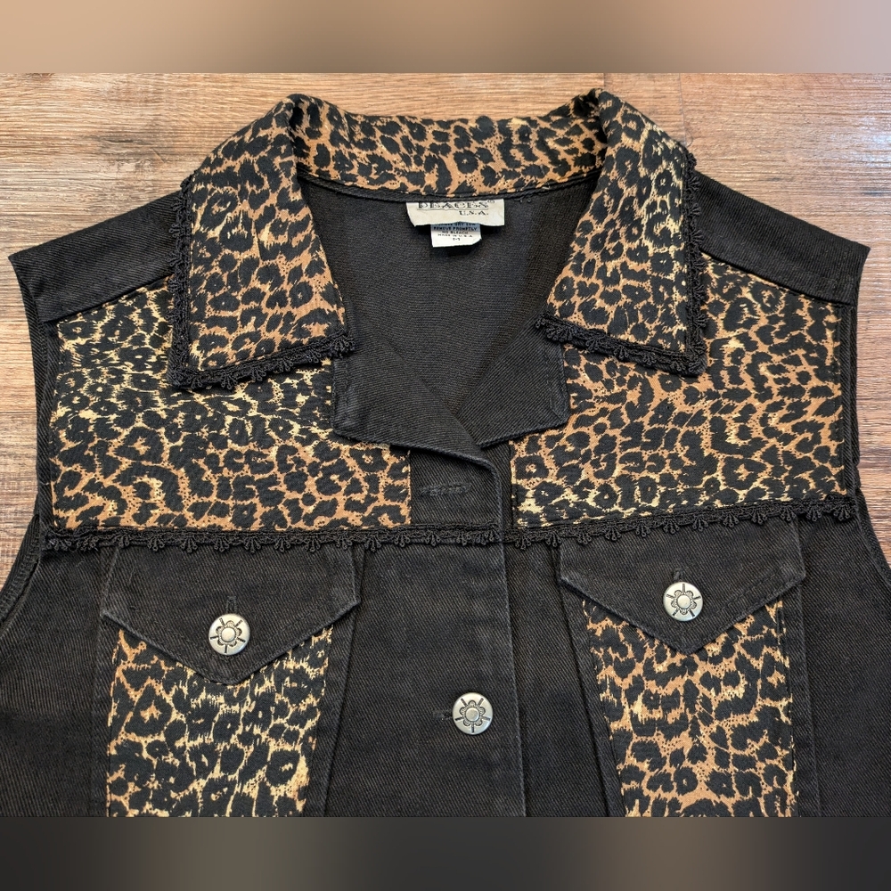 Vintage Peaces USA Leopard Print Denim Vest 90s Western Crochet Y2K Sz M - Picture 3 of 14